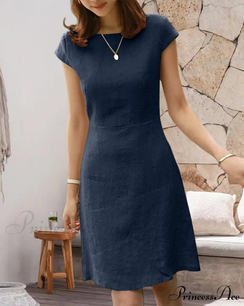 Solid Color Cotton and Linen Short-Sleeved Dress image 4