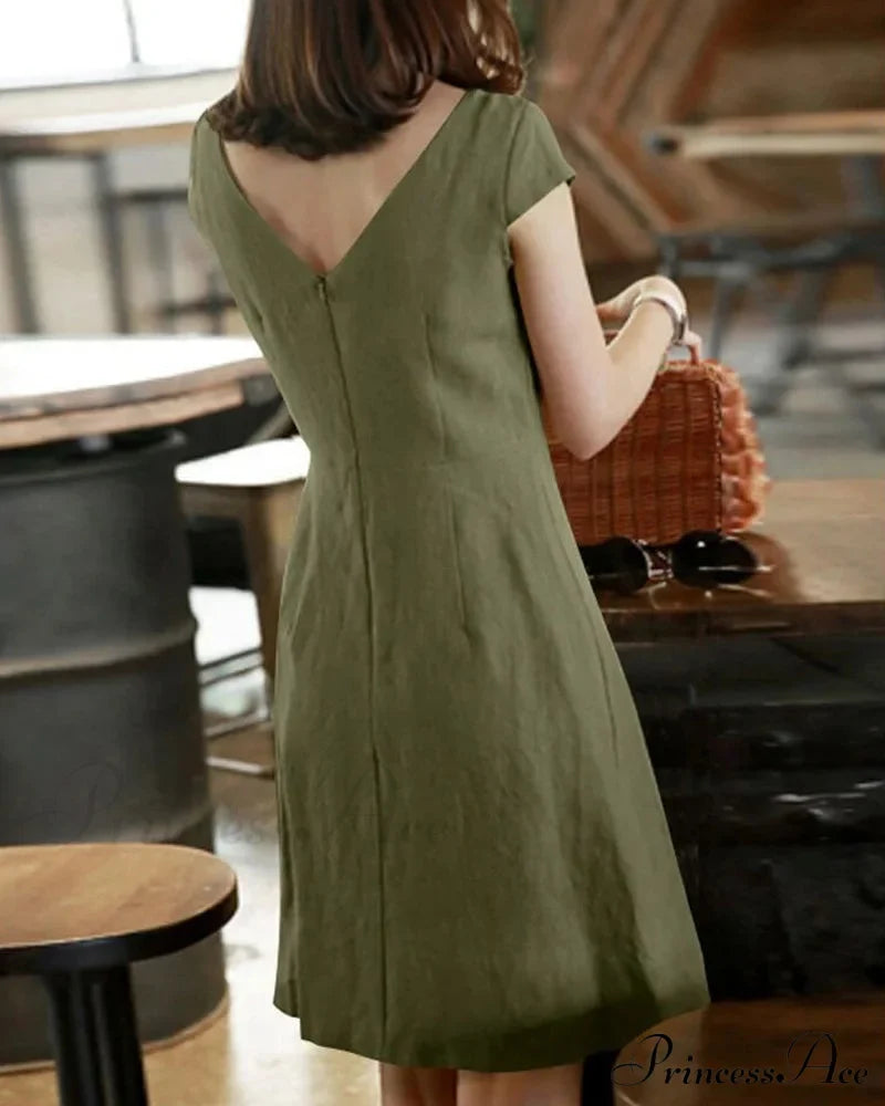 Solid Color Cotton and Linen Short-Sleeved Dress image 6