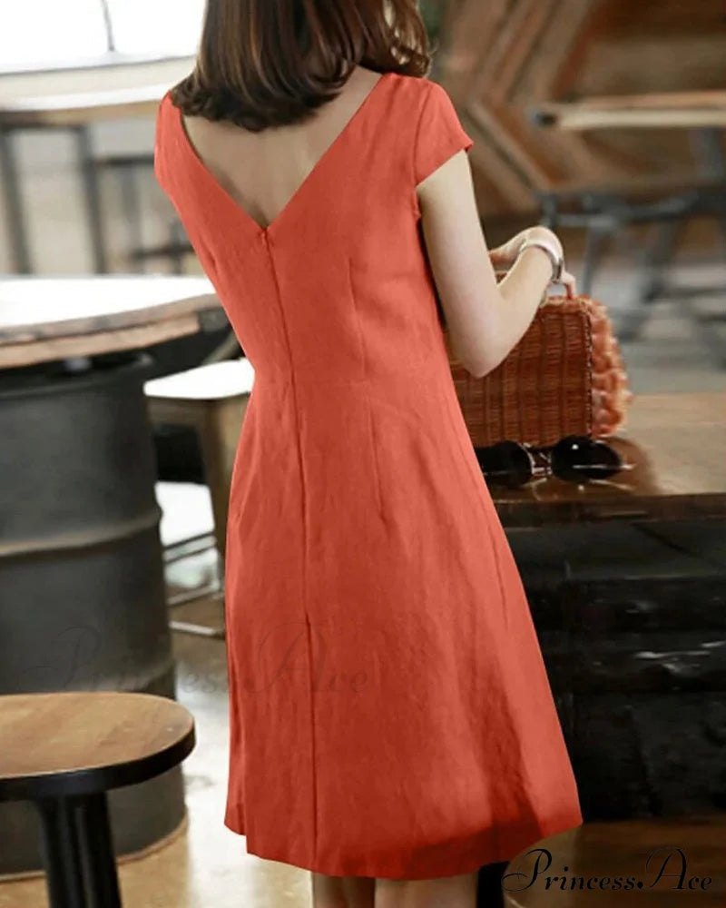 Solid Color Cotton and Linen Short-Sleeved Dress image 2