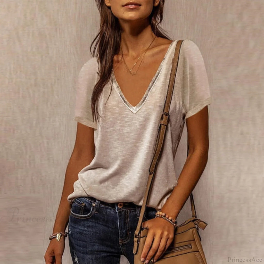 Solid Color Cotton V-Neck Loose T-shirt image 12