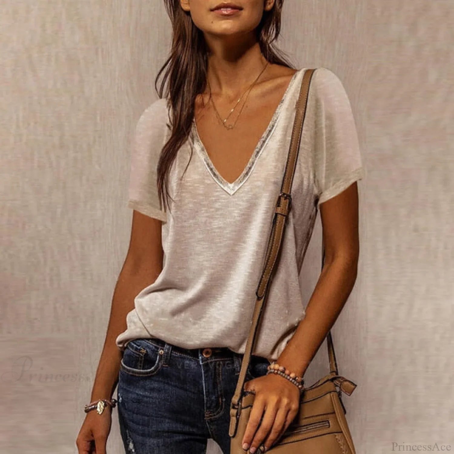 Solid Color Cotton V-Neck Loose T-shirt image 12