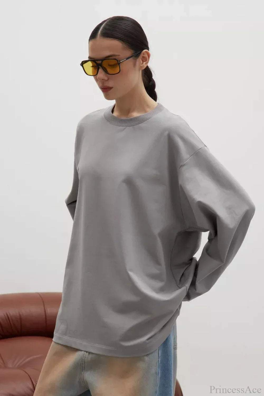 Solid Color Crew Neck Loose Casual Long Sleeve Tee image 12
