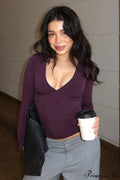 Solid Color Deep V Neck Slim Flare Sleeve Long Sleeve Tee image 1