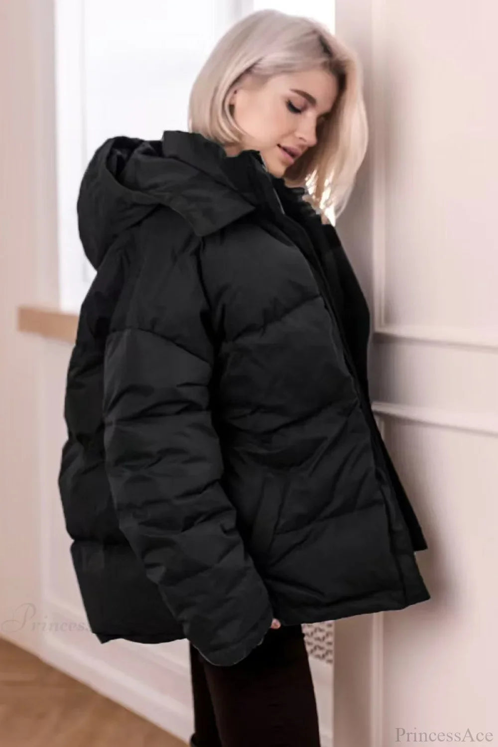Solid Color Hooded Zippered Thickened Quilted Coat image 13