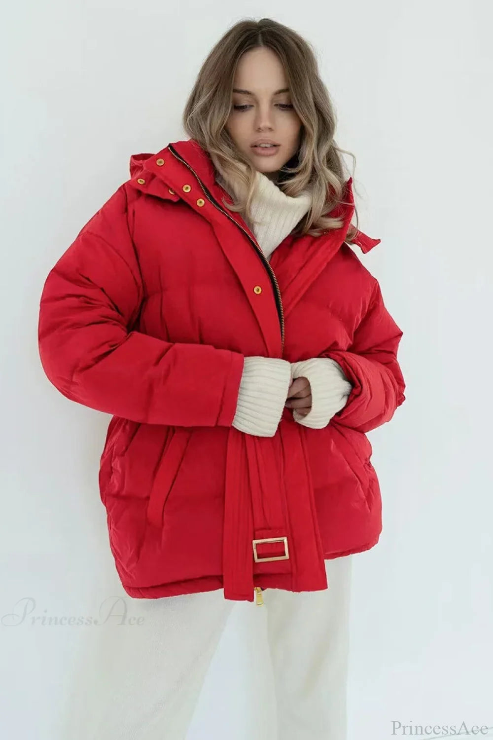 Solid Color Hooded Zippered Thickened Quilted Coat image 9