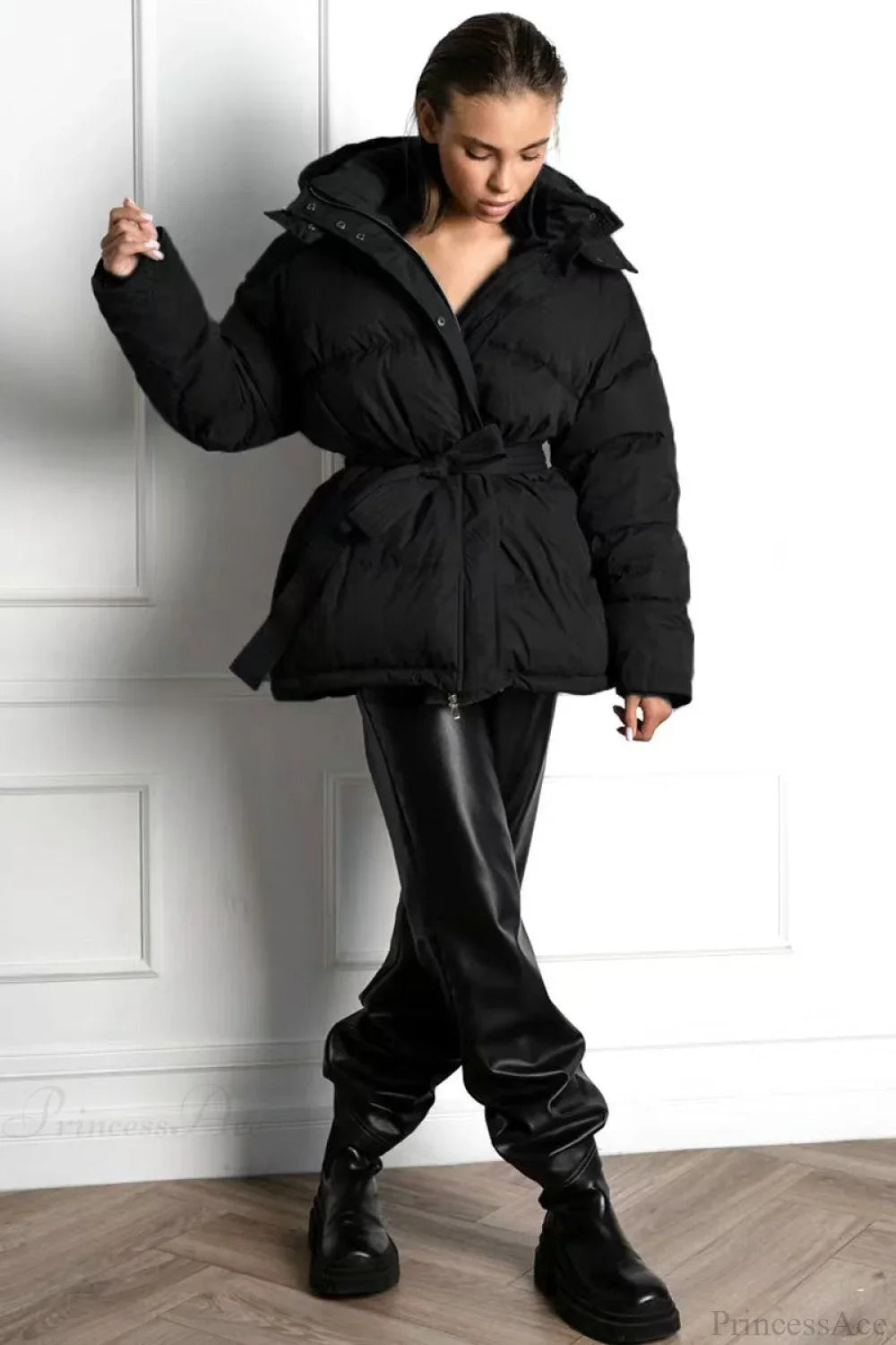 Solid Color Hooded Zippered Thickened Quilted Coat image 12