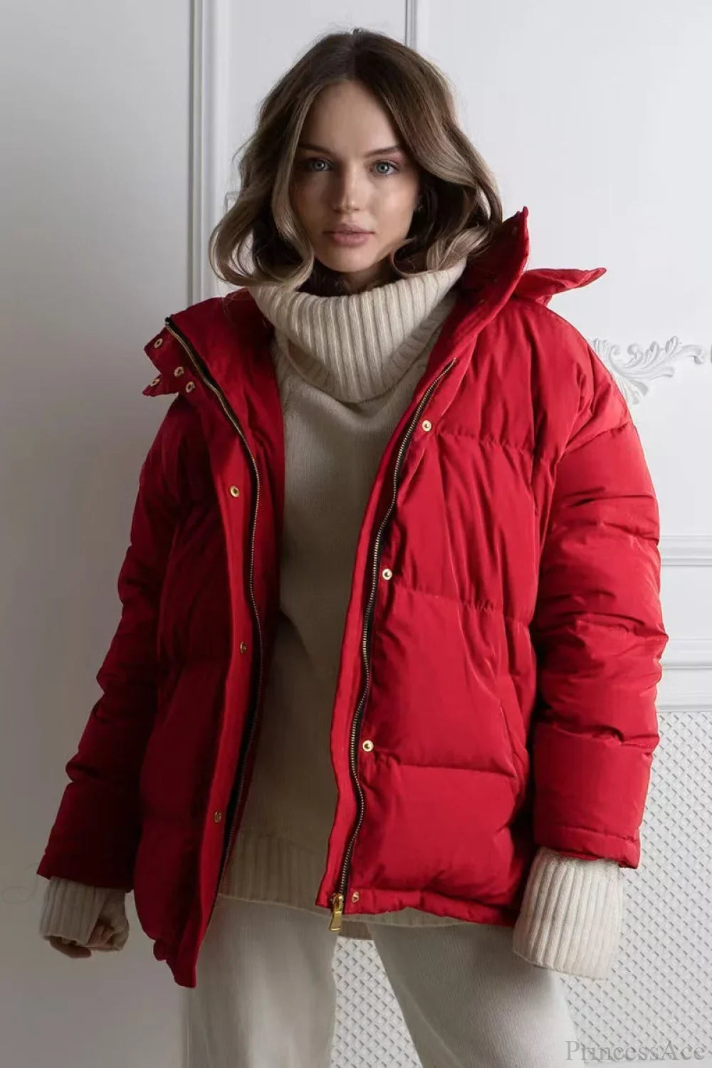Solid Color Hooded Zippered Thickened Quilted Coat image 8
