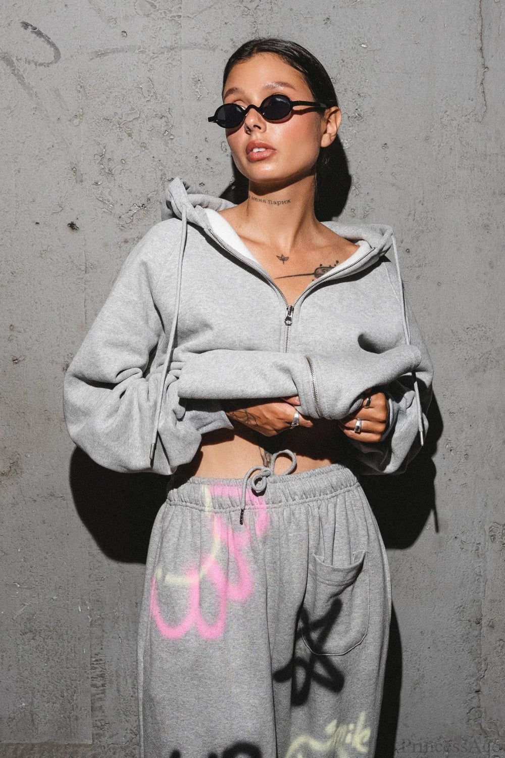 solid color hoodie Colorful Graffiti Letter Casual Pants Two Piece Set image 4