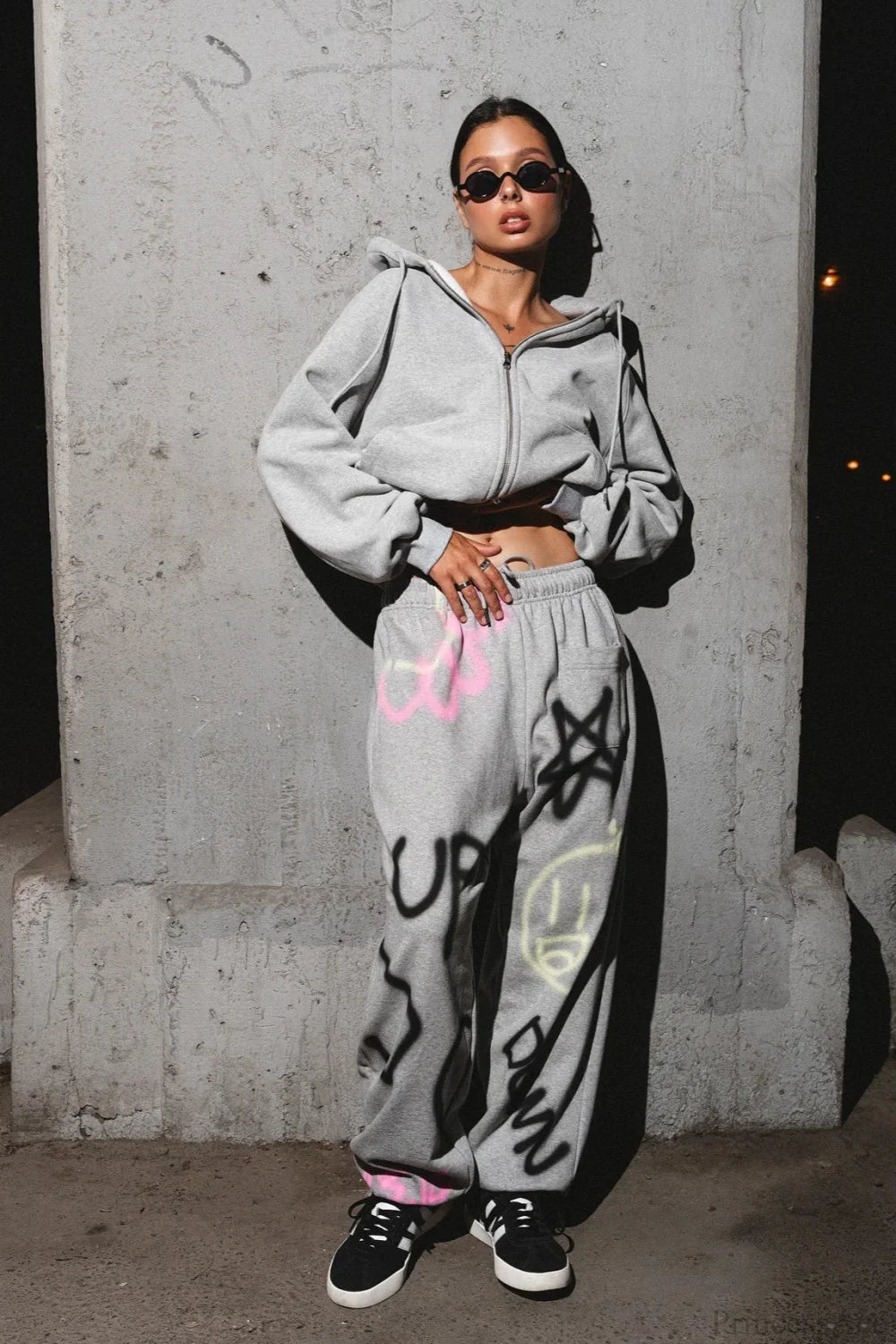 solid color hoodie Colorful Graffiti Letter Casual Pants Two Piece Set image 5