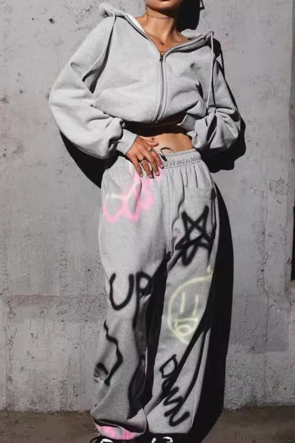 solid color hoodie Colorful Graffiti Letter Casual Pants Two Piece Set image 1