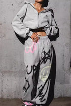 solid color hoodie Colorful Graffiti Letter Casual Pants Two Piece Set image 1