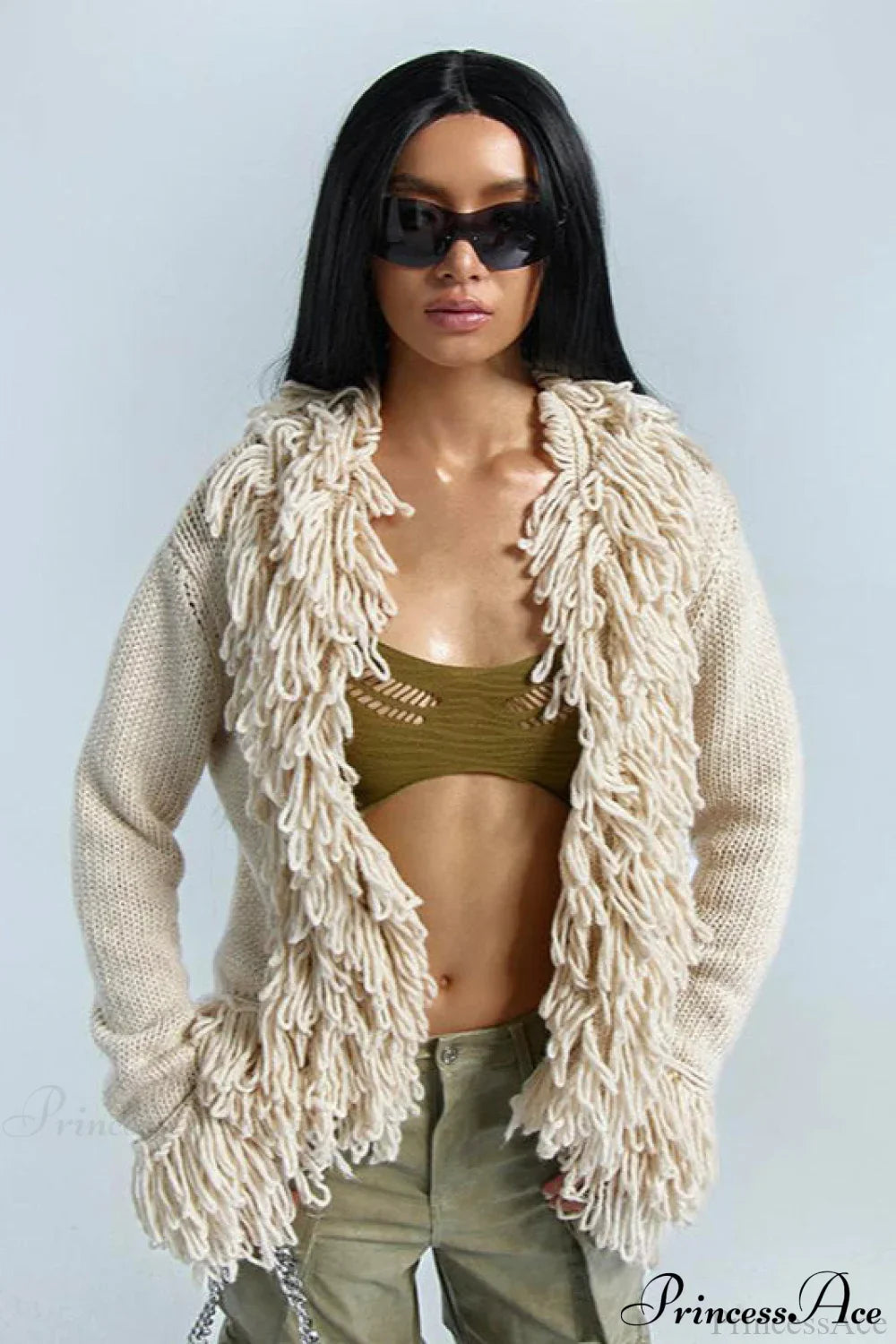 Solid Color Knit Fringe Loose Long Sleeve Cardigan image 2