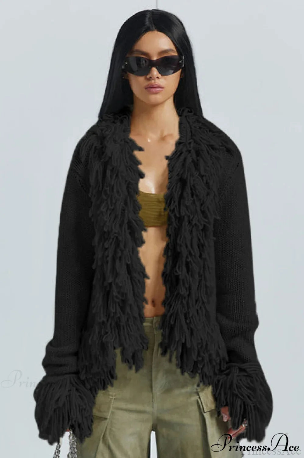 Solid Color Knit Fringe Loose Long Sleeve Cardigan image 4