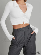 Solid Color Long Sleeve Basic Cropped Ribbed T-shirts image 3