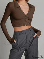 Solid Color Long Sleeve Basic Cropped Ribbed T-shirts image 6