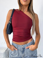 Solid Color One Shoulder Backless Candy Color Tight Sexy Sleeveless Neckless Slim Casual Tank top image 2