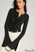 Solid Color Panel Flared Sleeve Ruffled Blouse image 2