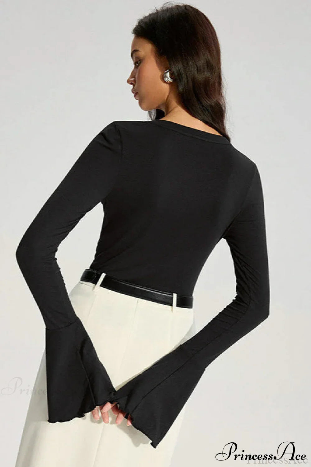 Solid Color Panel Flared Sleeve Ruffled Blouse image 3