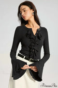 Solid Color Panel Flared Sleeve Ruffled Blouse image 1