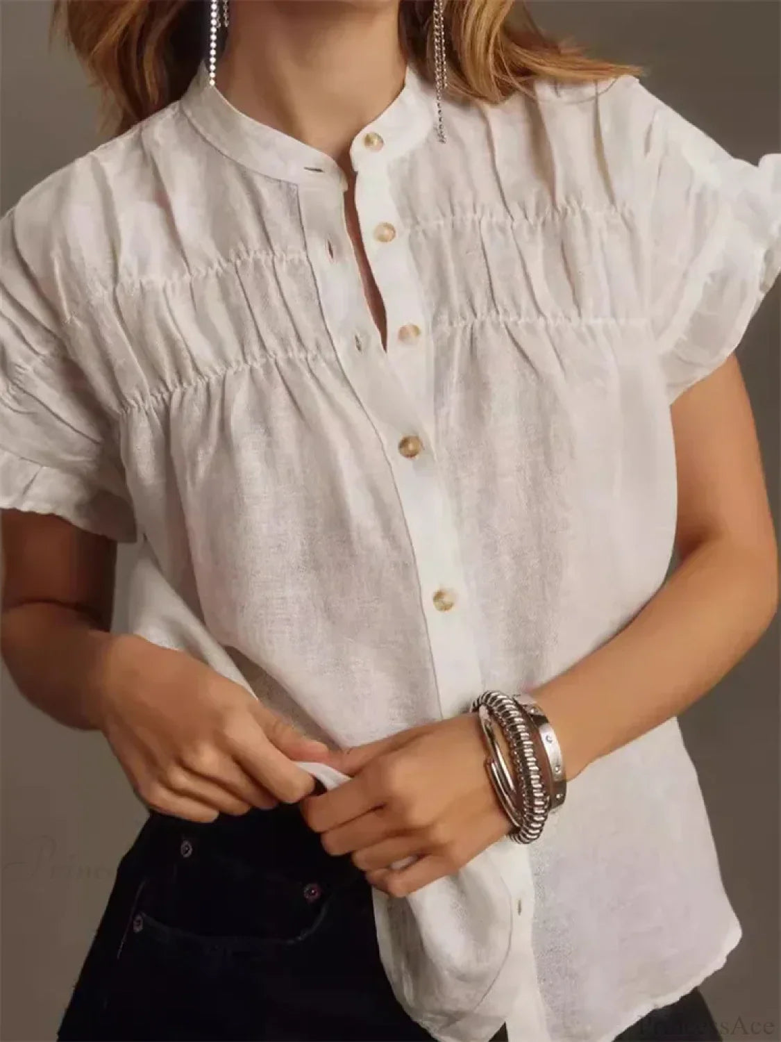 Solid Color Ruffle Short Sleeve Blouse image 2