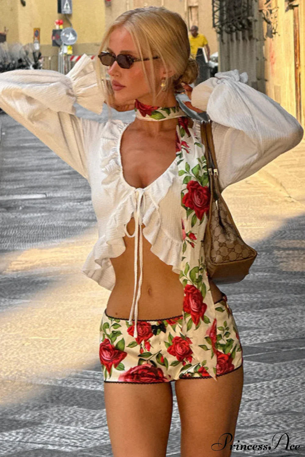 Solid Color Ruffled Tie Long Sleeve Blouse image 2