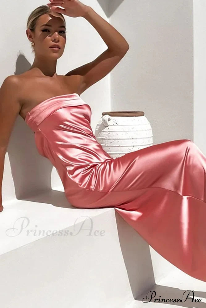 Solid Color Satin Strapless Dress image 2