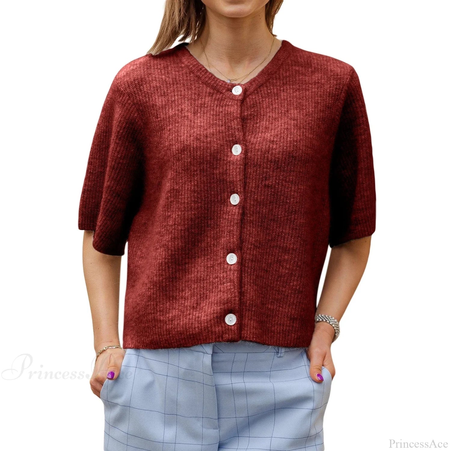 Solid Color Short Sleeve Button Cardigan image 7