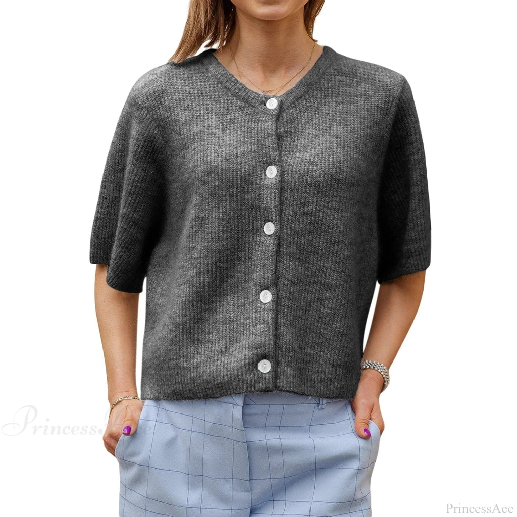 Solid Color Short Sleeve Button Cardigan image 4