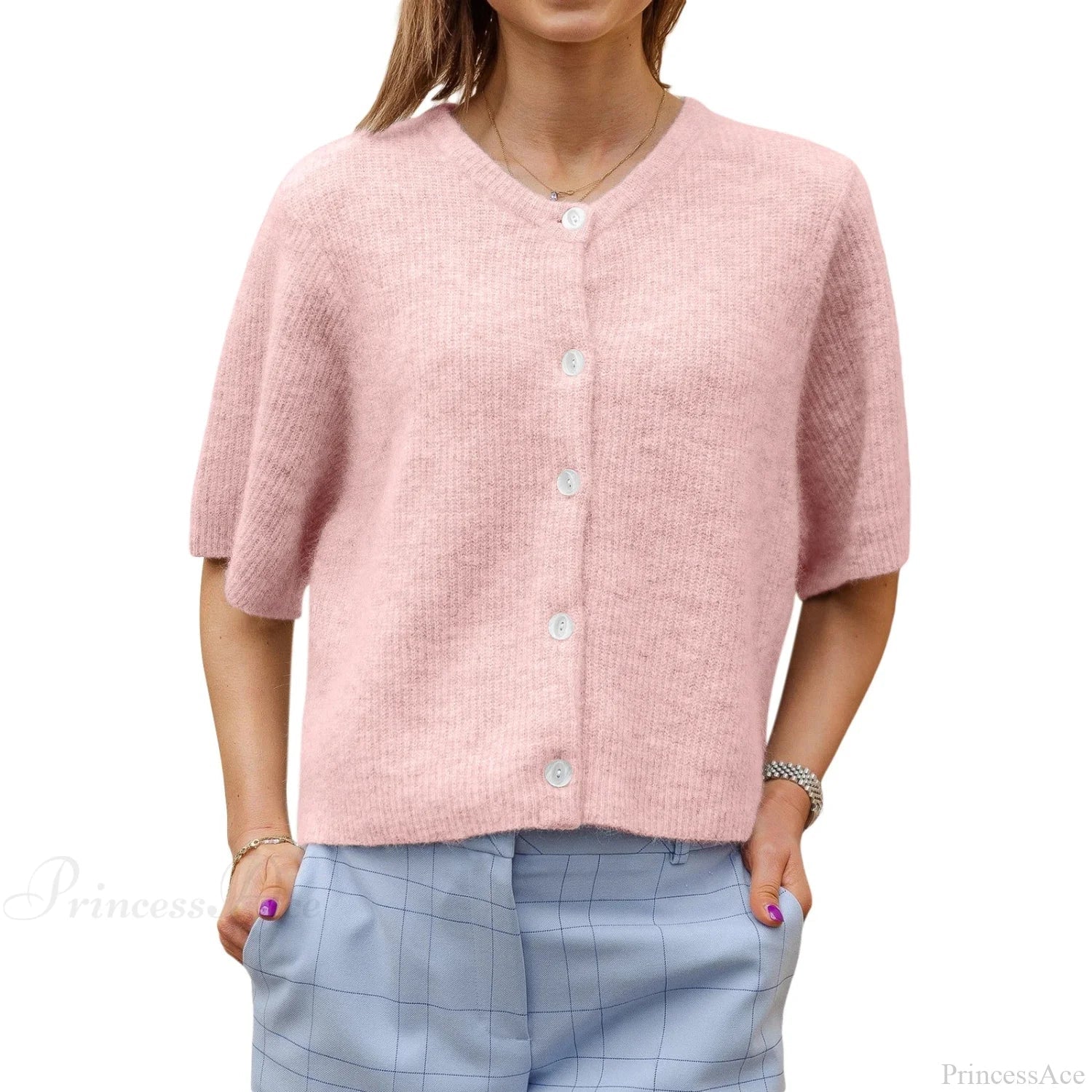 Solid Color Short Sleeve Button Cardigan image 5