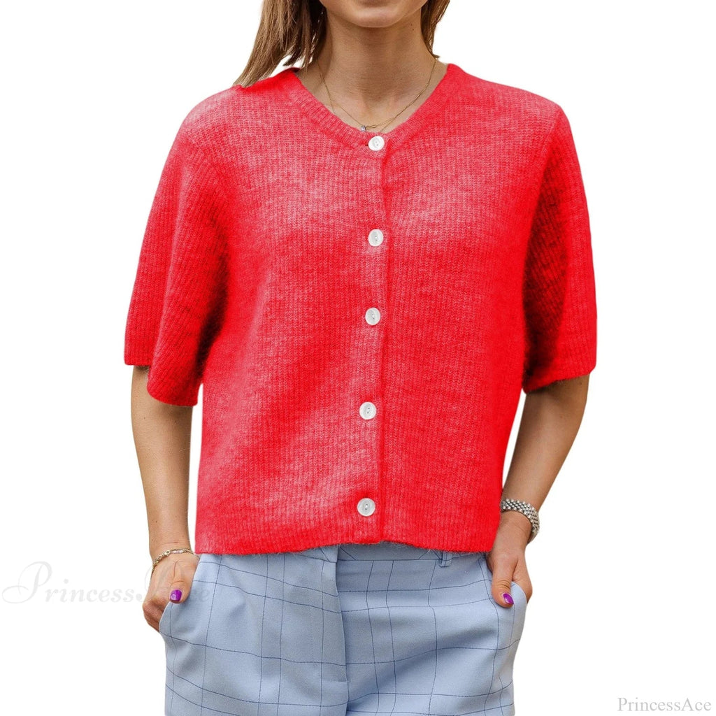 Solid Color Short Sleeve Button Cardigan image 6