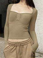 Solid Color Square Neck Ruched Crop Tops T-Shirts image 4
