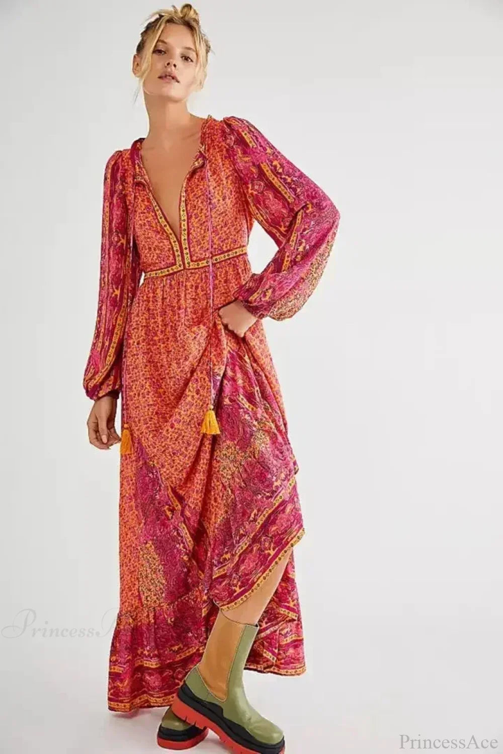 Solid Color V-neck Flare Sleeve Summer Boho Dress image 1
