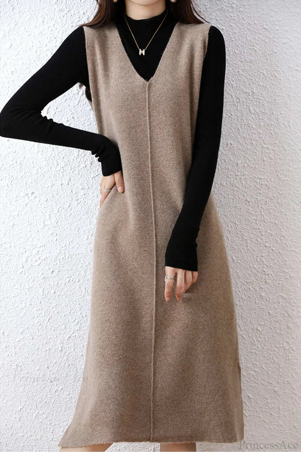 Solid Color Wool Tank Dress with V Neck image 1