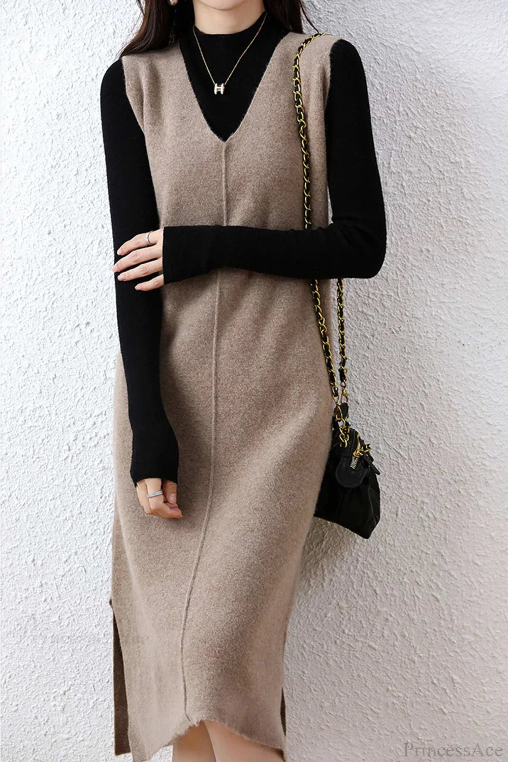 Solid Color Wool Tank Dress with V Neck image 2