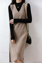 Solid Color Wool Tank Dress with V Neck image 2