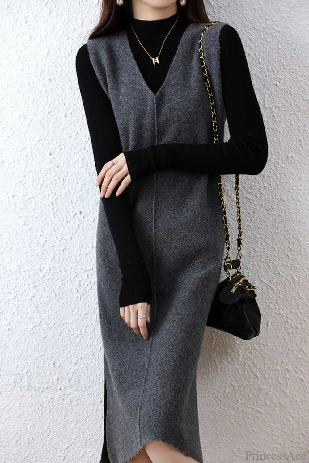 Solid Color Wool Tank Dress with V Neck image 7
