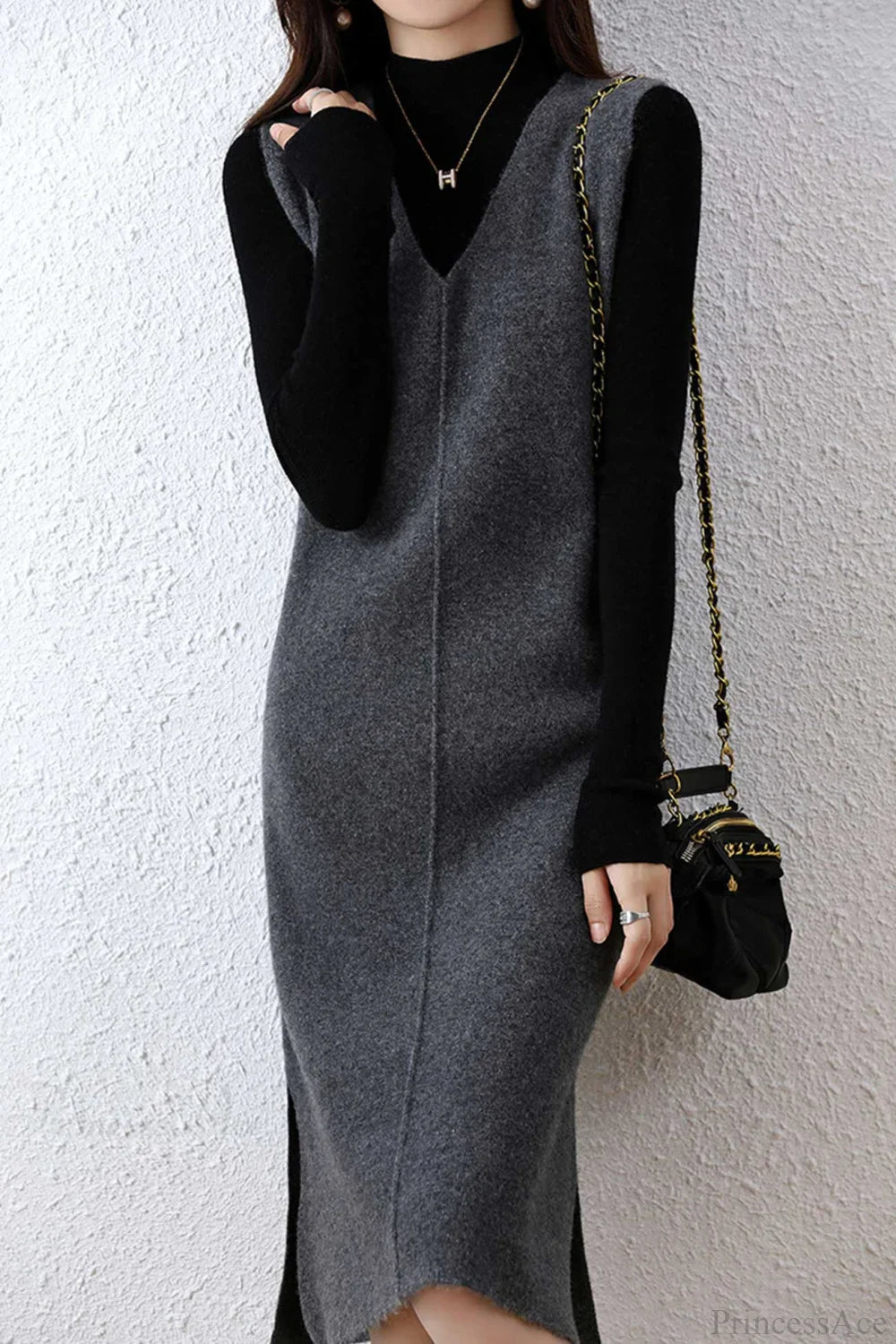 Solid Color Wool Tank Dress with V Neck image 8