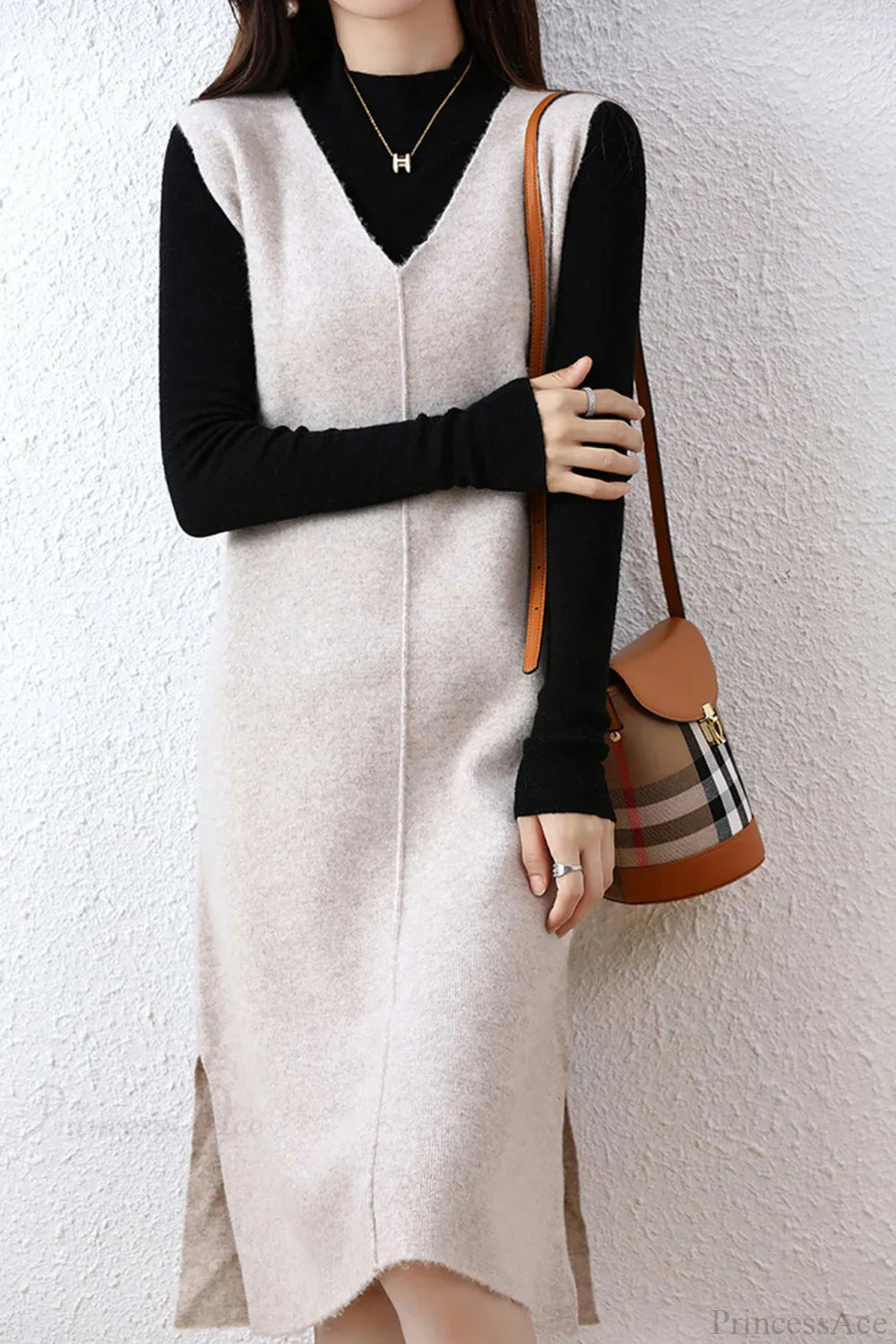 Solid Color Wool Tank Dress with V Neck image 5