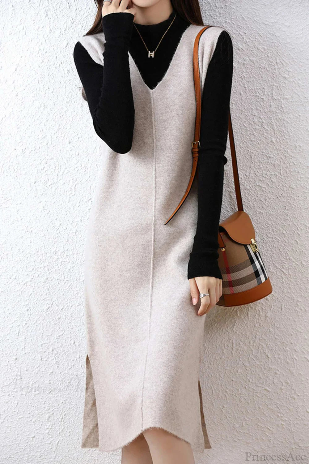 Solid Color Wool Tank Dress with V Neck image 6