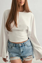 Solid Crew Neck Wide Sleeve Waist Cinched Long Sleeve Tee image 6