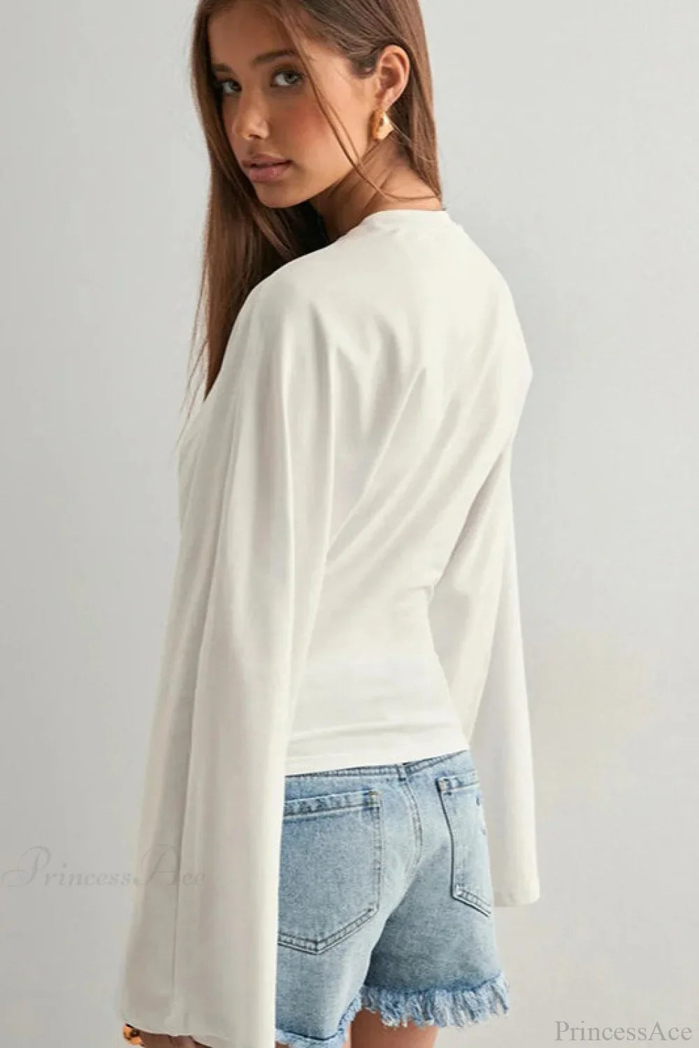 Solid Crew Neck Wide Sleeve Waist Cinched Long Sleeve Tee image 5