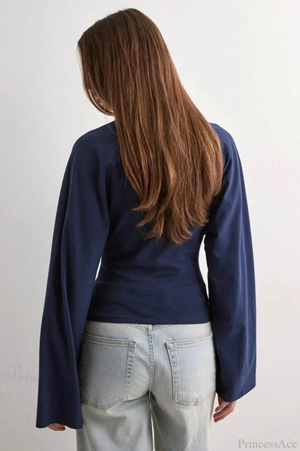 Solid Crew Neck Wide Sleeve Waist Cinched Long Sleeve Tee image 9