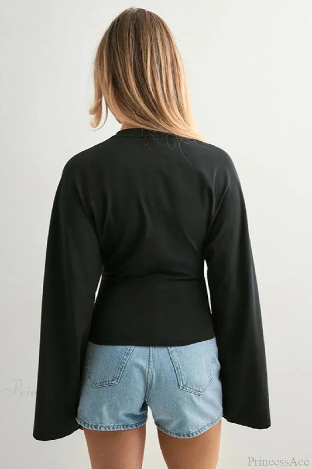 Solid Crew Neck Wide Sleeve Waist Cinched Long Sleeve Tee image 12