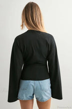 Solid Crew Neck Wide Sleeve Waist Cinched Long Sleeve Tee image 12