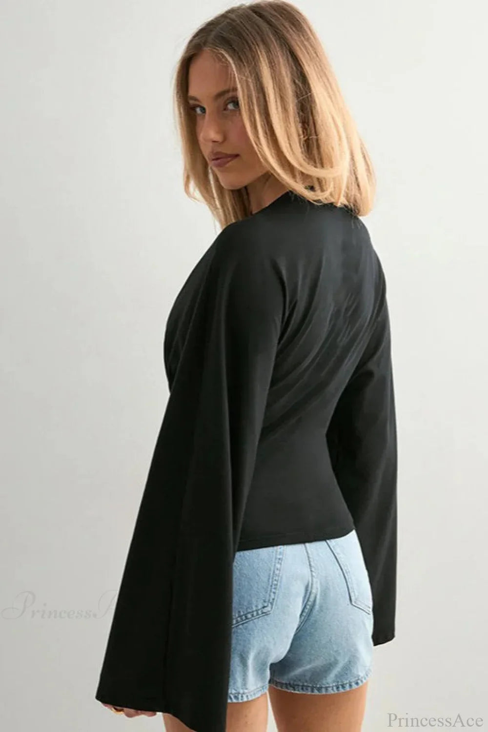 Solid Crew Neck Wide Sleeve Waist Cinched Long Sleeve Tee image 11
