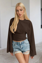 Solid Crew Neck Wide Sleeve Waist Cinched Long Sleeve Tee image 13