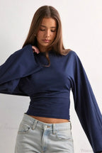 Solid Crew Neck Wide Sleeve Waist Cinched Long Sleeve Tee image 8