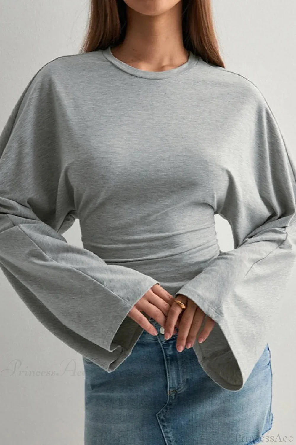 Solid Crew Neck Wide Sleeve Waist Cinched Long Sleeve Tee image 3