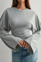 Solid Crew Neck Wide Sleeve Waist Cinched Long Sleeve Tee image 3