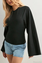 Solid Crew Neck Wide Sleeve Waist Cinched Long Sleeve Tee image 10